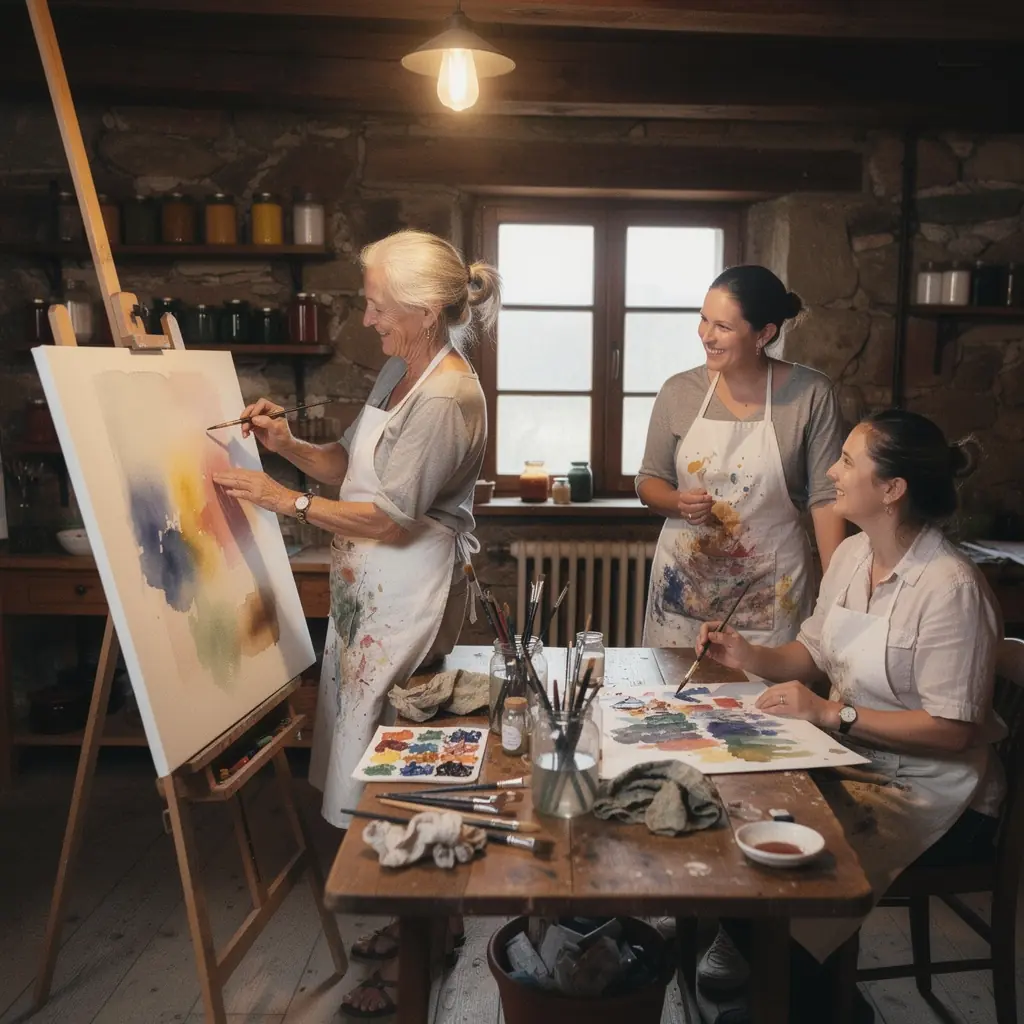 Akril festékből készült absztrakt műalkotás, dinamikus formákkal és színekkel.