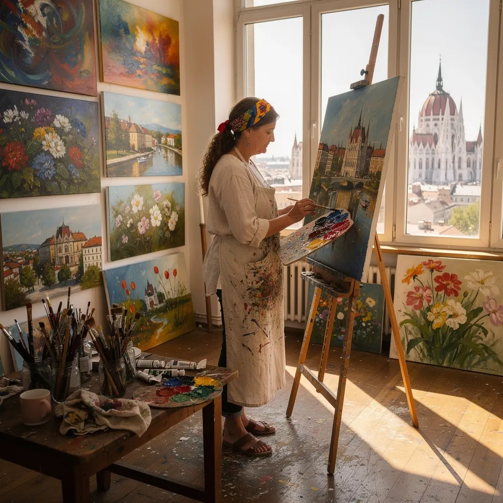 Olajfestékkel készült tájképfestmény, élénk színekkel és részletes textúrákkal.