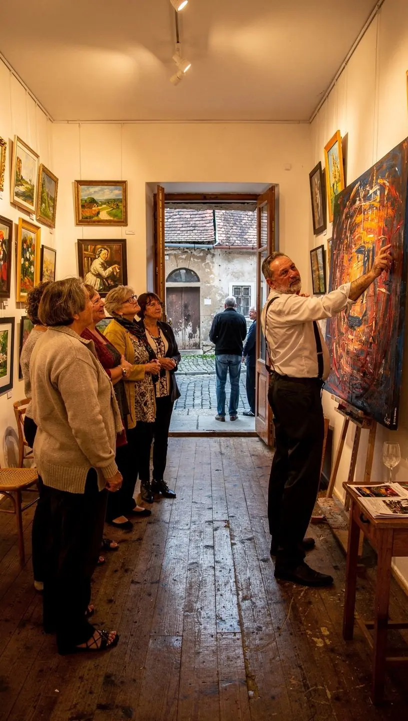 Akril festék használatával készült absztrakt kompozíció, amely kreatív formákat és színeket ötvöz.