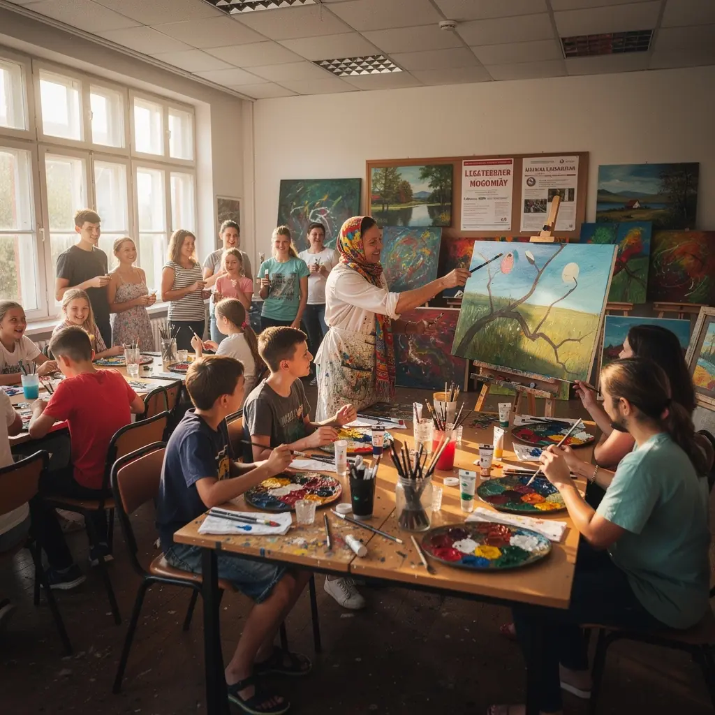 Vízfesték technikával készült tájképfestmény, lágy vonalakkal és fényes tónusokkal.