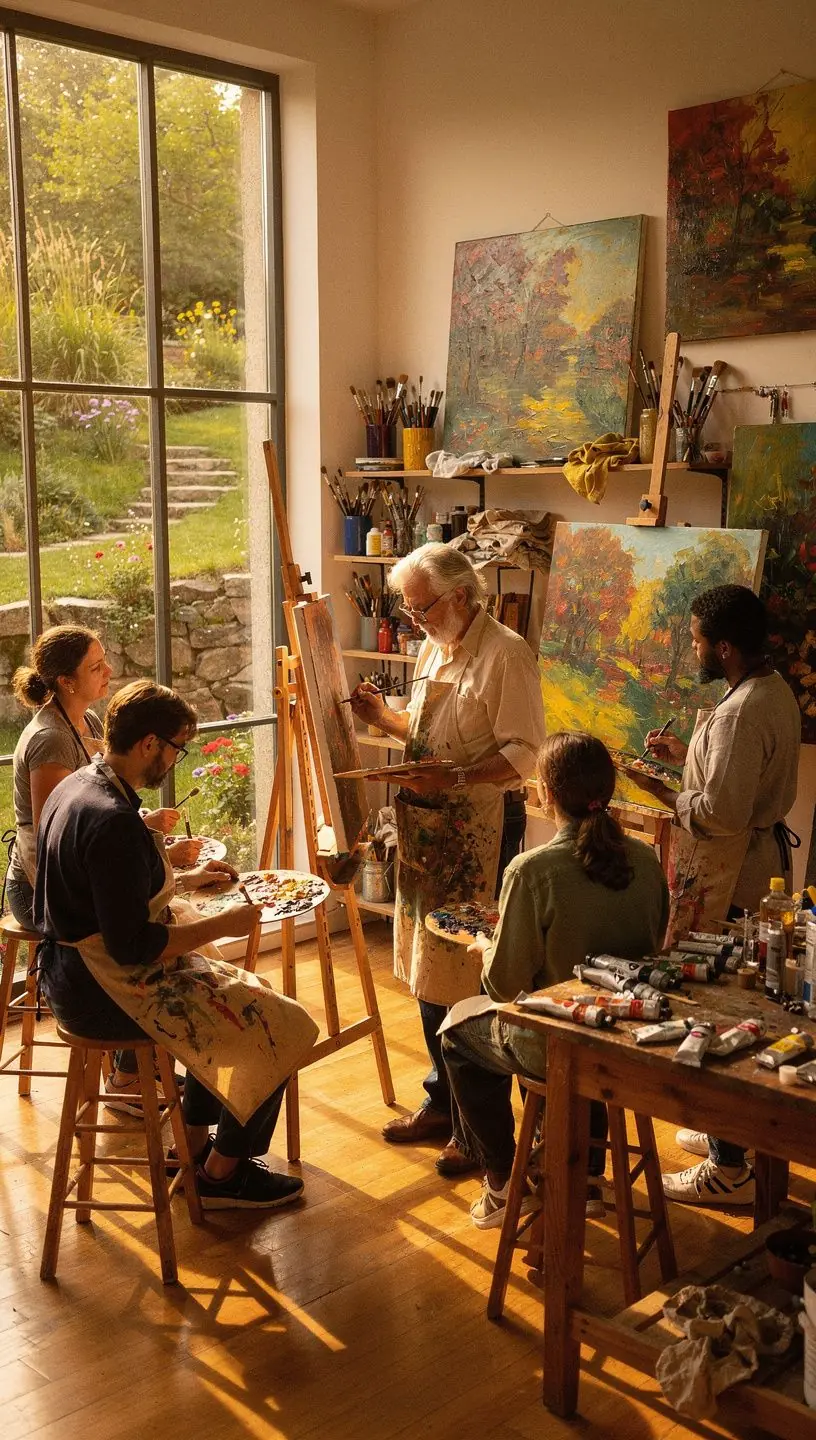 Akril festék használatával készült absztrakt kompozíció, amely kreatív formákat és színeket ötvöz.