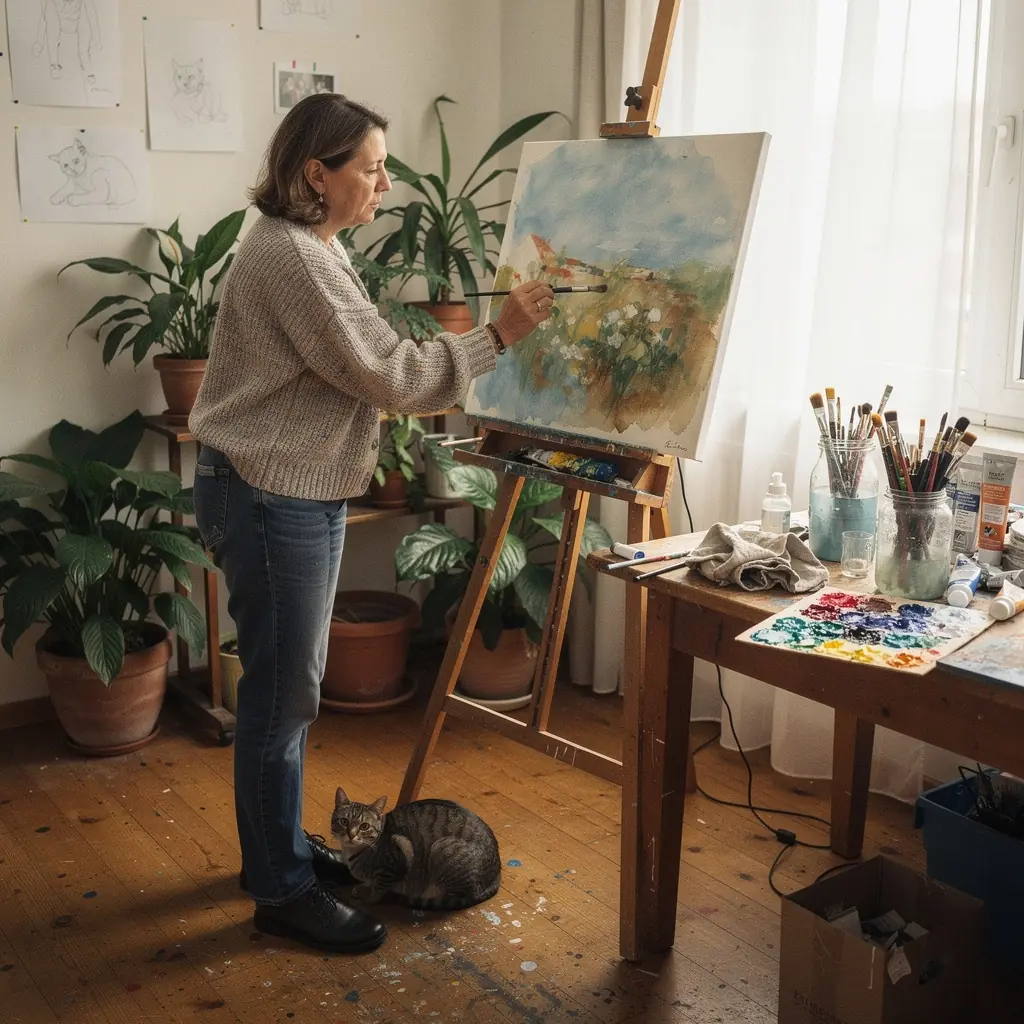 Akril festék használatával készült absztrakt kompozíció, amely kreatív formákat és színeket ötvöz.