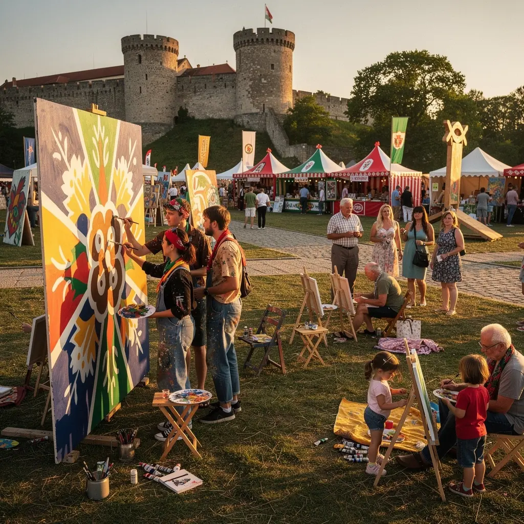 Akril festék használatával készült absztrakt kompozíció, amely kreatív formákat és színeket ötvöz.
