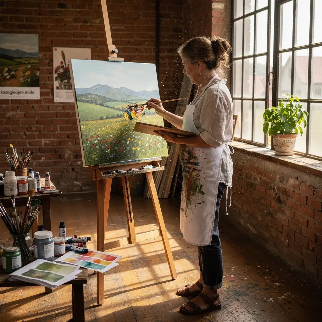 Finom művészeti festmény, amely olajfestékkel készült, élénk színekkel és részletes textúrákkal.