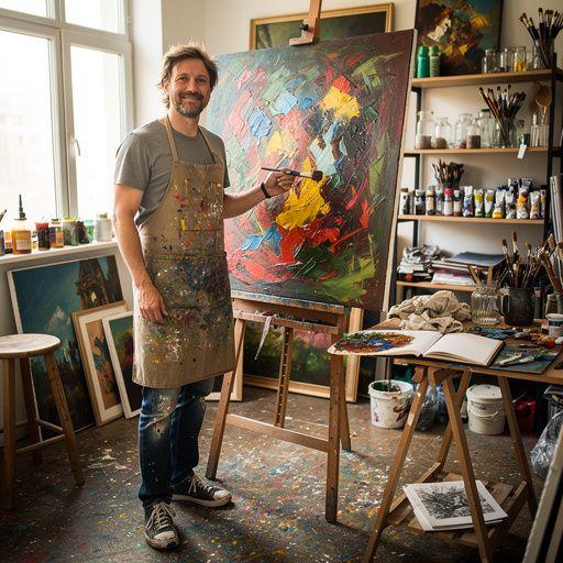 Kreatív festési technikák bemutatása egy művész kezében, különböző ecsetekkel.