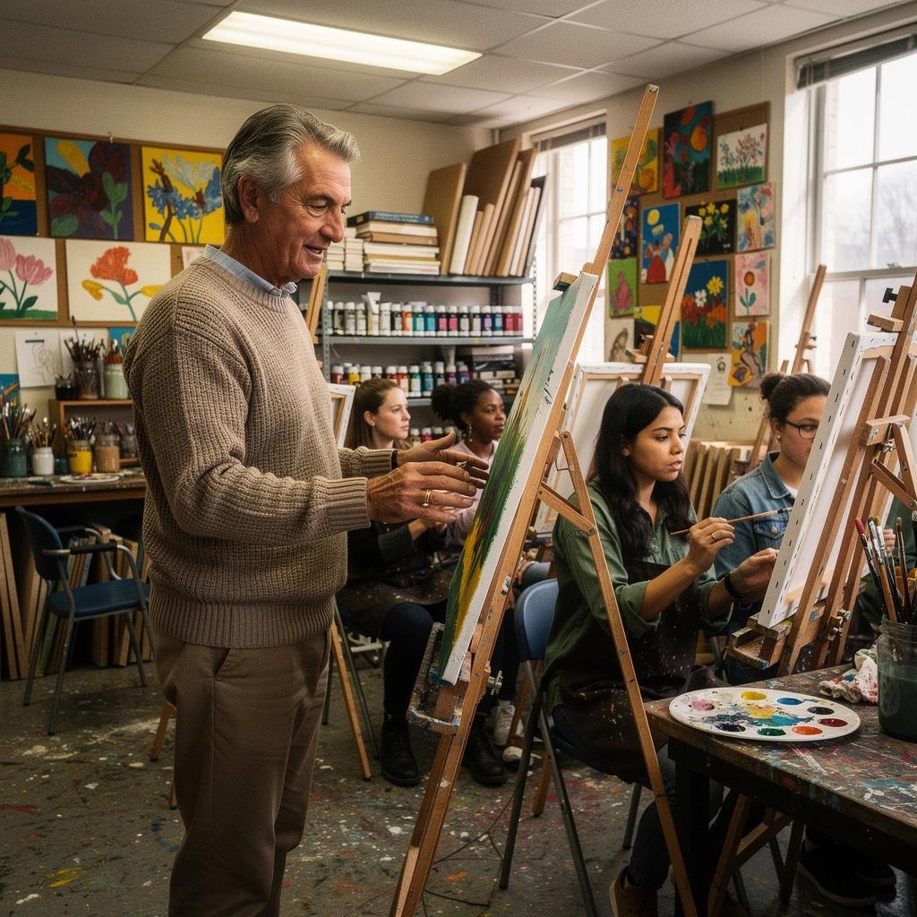 Művészeti eszközök és festékek elrendezése egy festőállványon, inspiráló környezetben.